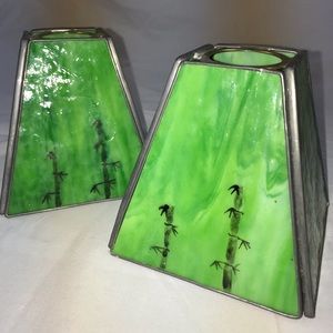 2 small green stained glass lamp shades
